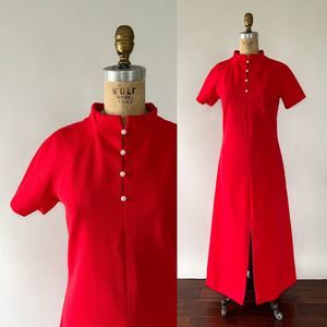 VTG 1970s Mod Red Double Knit Polyester Raglan Sleeve Mock Neck Maxi Dress XS S